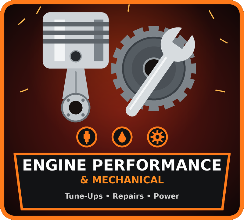 Turbocharger, piston, connecting rod, and engine components with a bottle of high performance oil displayed against a vibrant red background with flames. A speedometer gauge showing high RPM is visible among the mechanical parts. White italicized text reading Engine Performance appears on a red banner at the bottom. The image conveys power, speed, and high-performance automotive engineering with an energetic and dynamic tone.